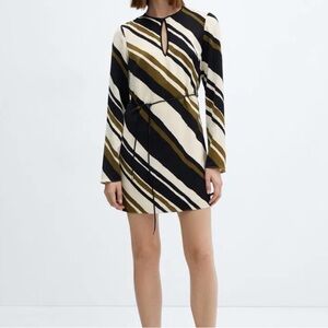 Mango Black and Olive Striped Long Sleeve Dress